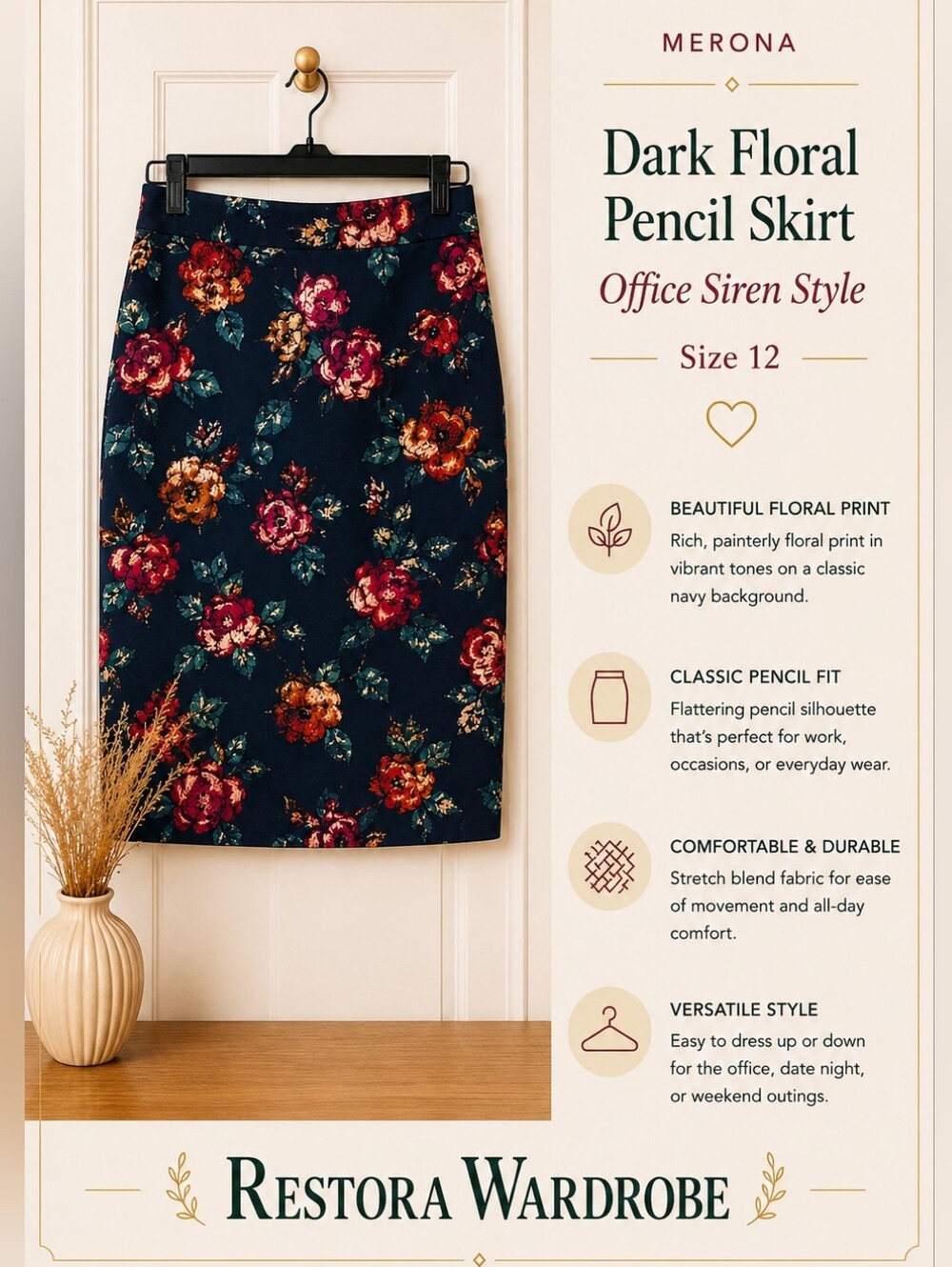 Merona Office Siren Navy Dark Floral Pencil Skirt Size 12